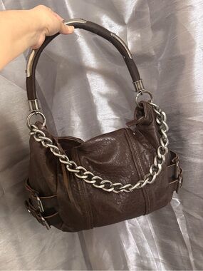 Dark Brown Leather Shoulder Bag with Silver Chain Detail